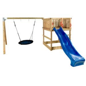 Legetårn inkl. gyngestativ blå rutsjebane og redegynge
