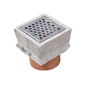 Afløbsrist 14x14cm i polymerbeton med rustfri dæksel og ø110 mm PVC-afløb