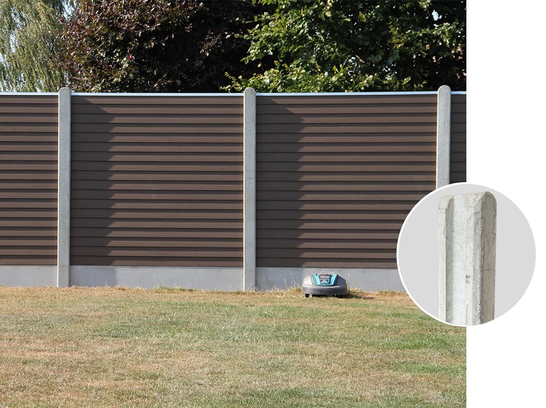 Komposit Klink H10 cm Brun med grå betonstolper 2 topkombo moseeg 10cm fokus stolper i beton