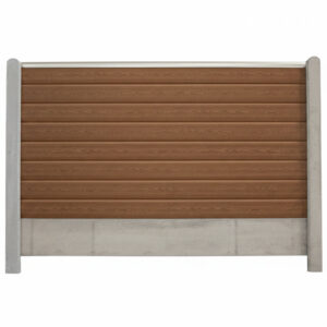 Brun blokhus med grå betonstolper